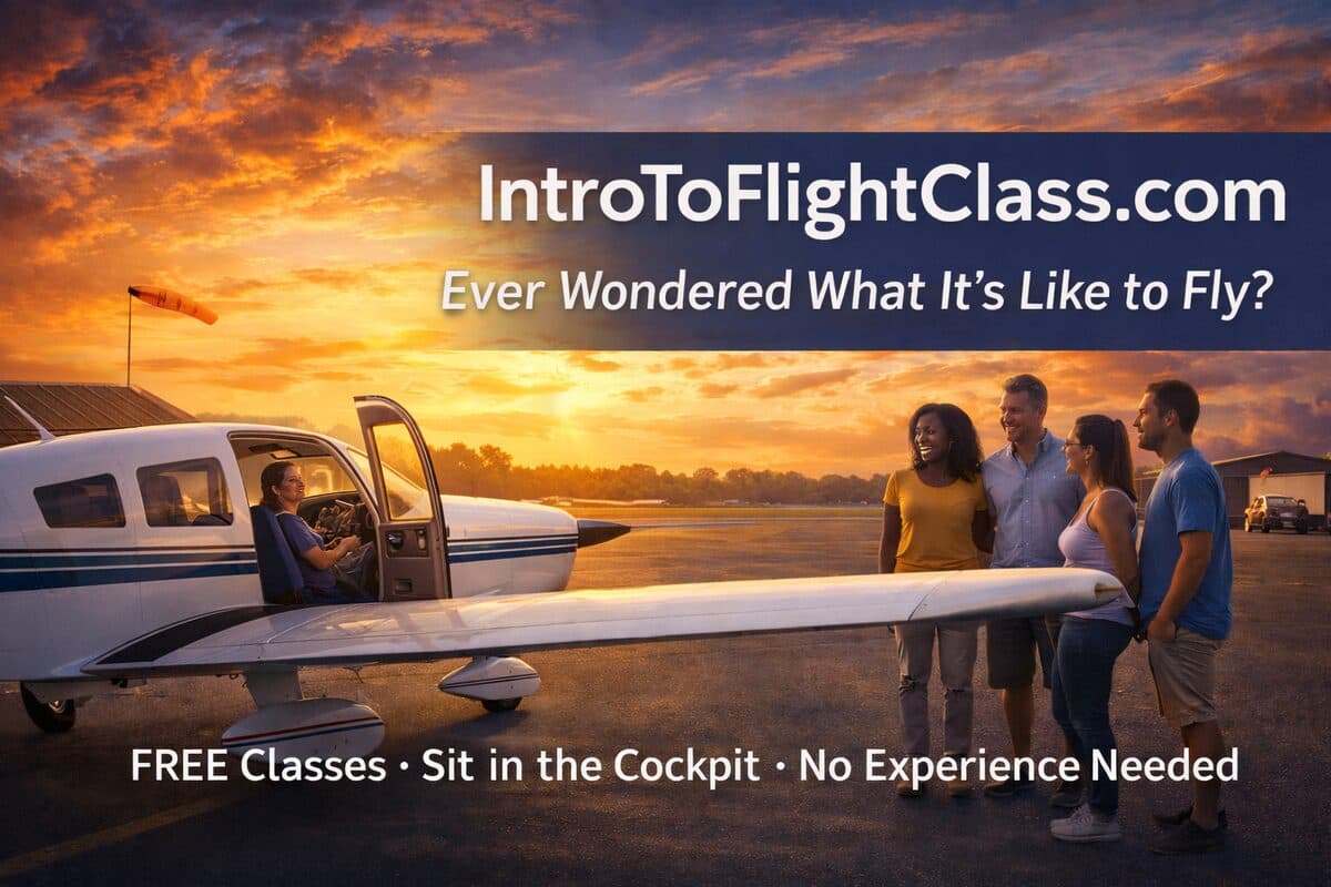 Intro to Flight Class — people gathered around a Piper Cherokee at sunset, learning about aviation